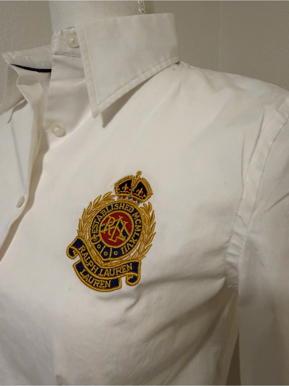 Ralph Lauren White Peplum Button-Down Shirt with Gold Crest Plaid Trim Preppy - Picture 2 of 8